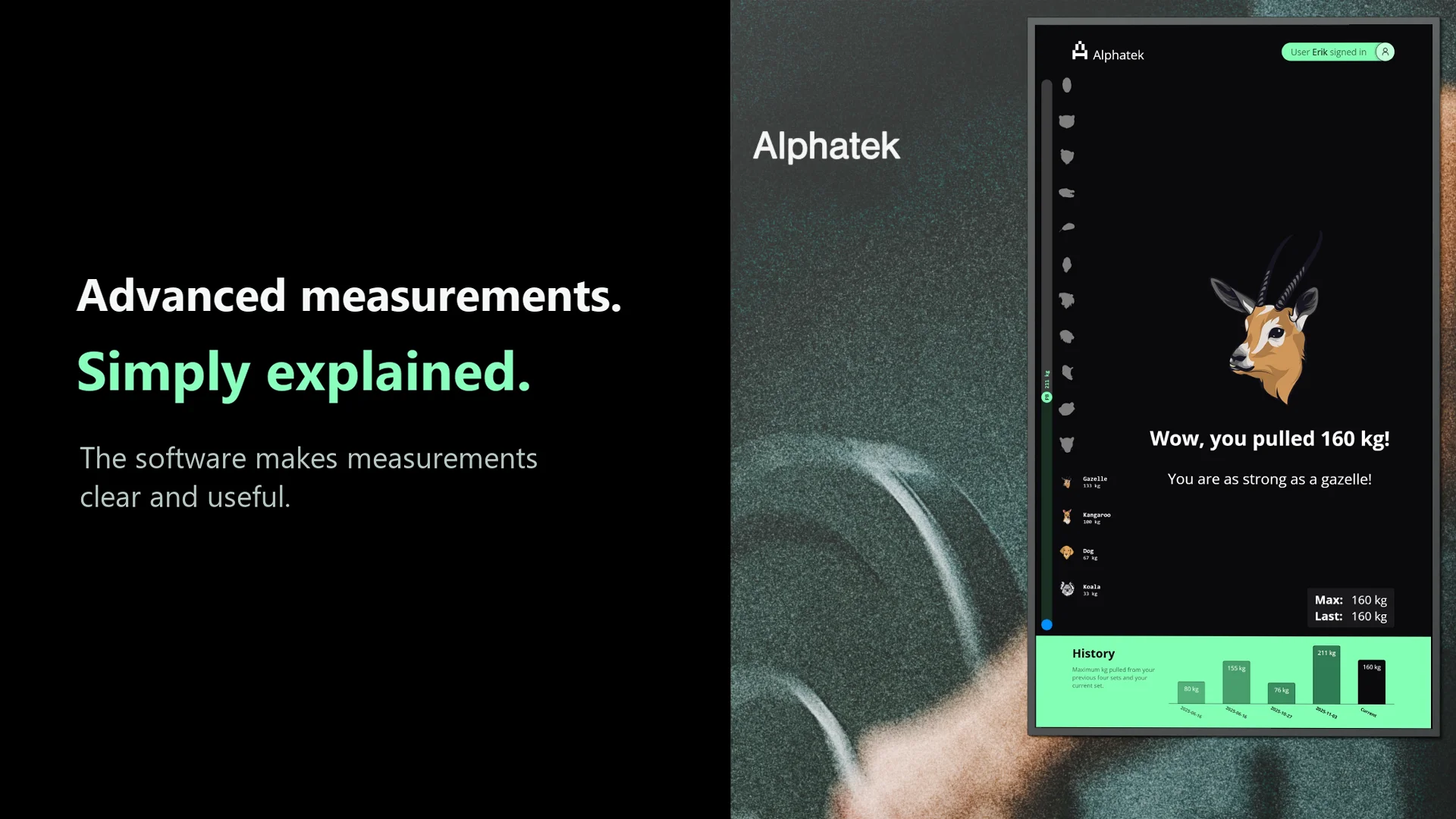 Product film without sound. The Alphatek platform with its force plate sensor and display is shown from several angles. The display shows measurements and feedback from exercises, with the captions “Advanced measurements. Simply explained.” and “Apps designed for fitness centres, clinics and sports”. Finally, a Fitness Age result appears on a phone.