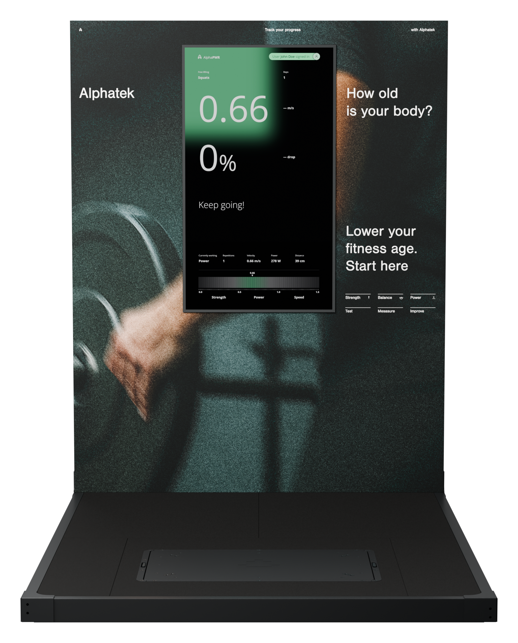 Alphatek Mini + with back wall: a platform with a screen and a printed back wall.