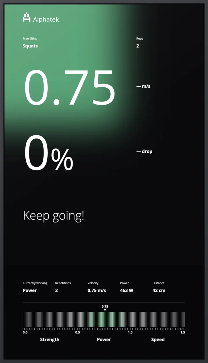 The Alphatek screen shows velocity and velocity loss during a squat.